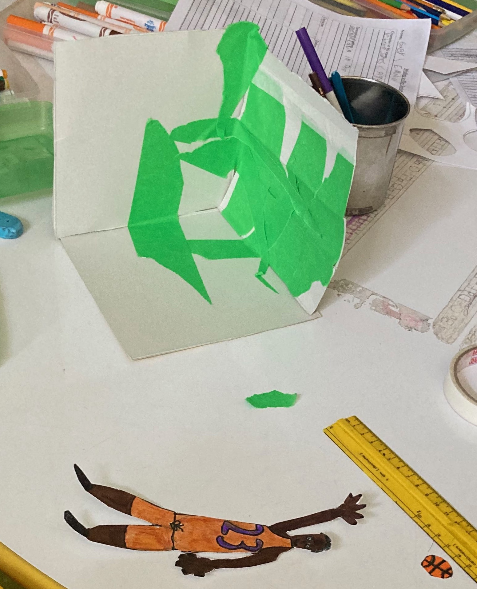 Grade 2 student paper basketball court set for a LeBron James puppet